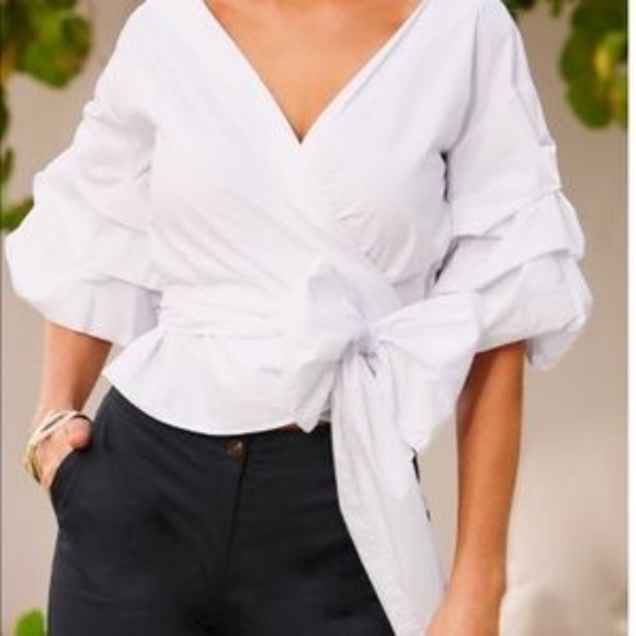 White Ruffle Sleeve Wrap Blouse - Picture 2 of 4